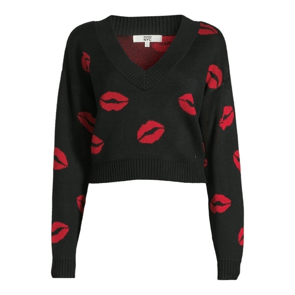 New Madden NYC Black Red Lips Kiss Valentines Day Crop Cropped Sweater Top XS💋🖤